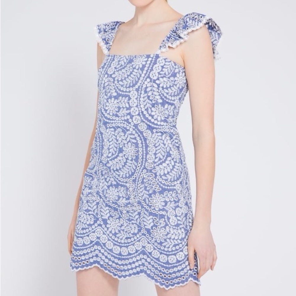 Alice + Olivia Floral Chambray Honor Flutter Sleeve Mini Dress